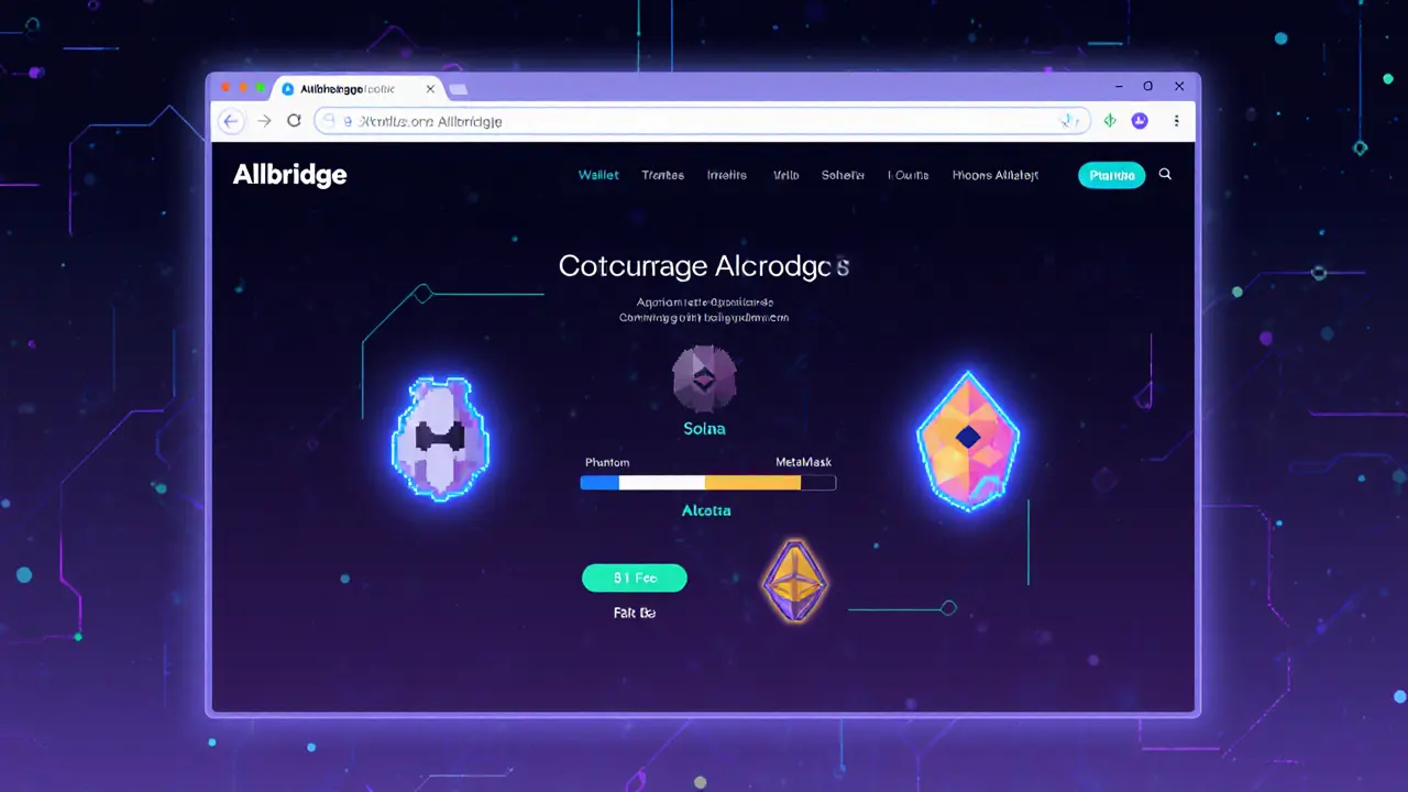 Allbridge platform interface showing wallet connections and  fee in pixel art style.