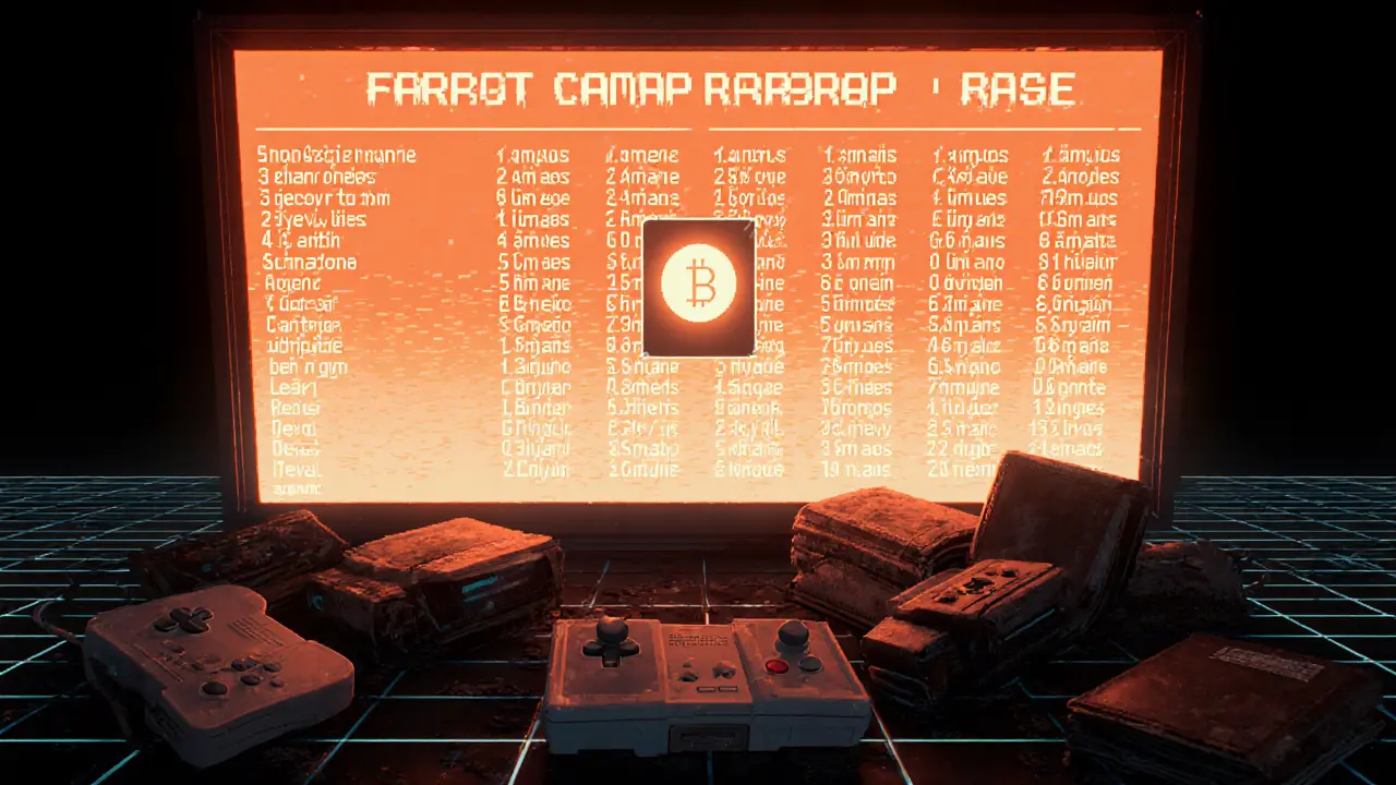 An old airdrop claim screen displays fading names as tokens vanish, surrounded by abandoned gaming gear in a dusty terminal.