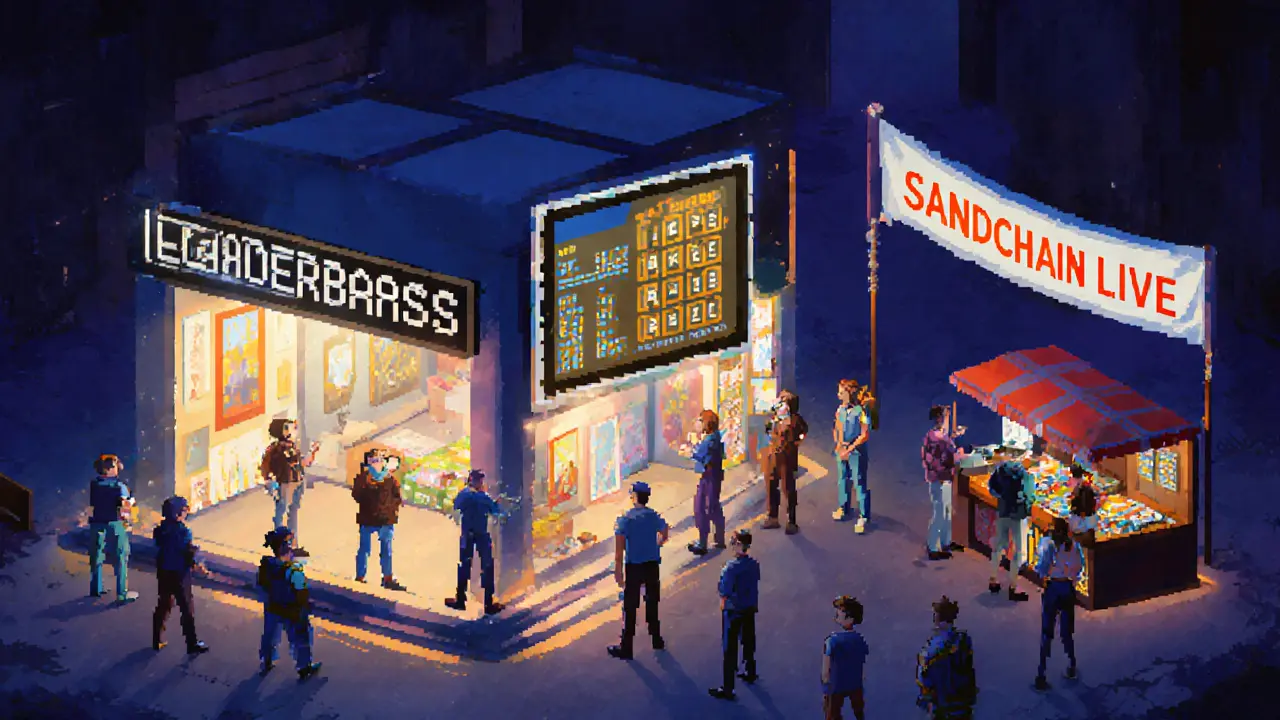 Avatars gathering at a pixel art gallery during a SAND airdrop event with leaderboard display.