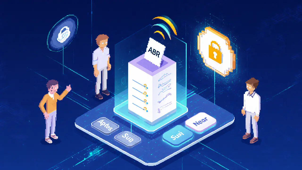 Community voting on DAO proposals for new blockchains using ABR tokens in pixel art.