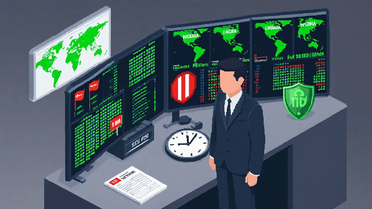 Compliance officer monitoring global crypto transactions under strict MAS regulations in Singapore.