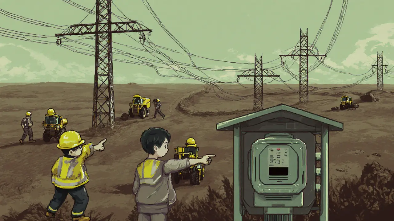 Construction of a HVDC power line across the steppe, with miners leaving and a smart meter being installed on a house.