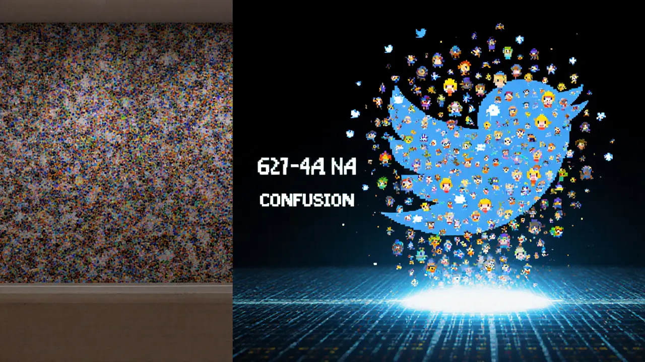 Contrast between evolving pixel art canvas and exploding NFT avatars from Monad&#039;s Twitter airdrop.