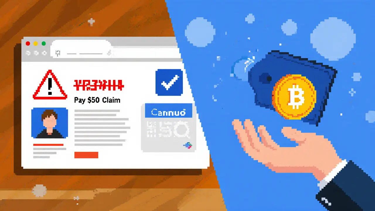 Contrasting scam site versus official Cannumo platform in pixel art style.