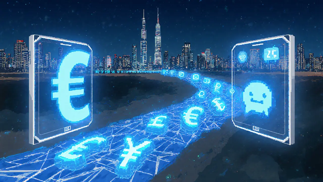 Digital yuan flowing through payment apps under state control, replacing crypto symbols.