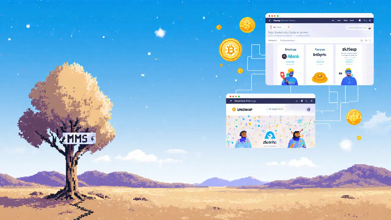 Faded MMS tree in a dead digital world beside thriving crypto dApps