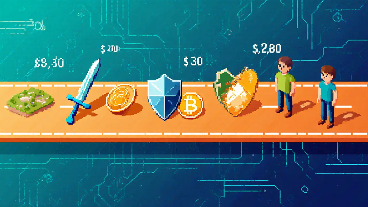 Five ERC-1155 NFTs being transferred in one transaction with falling gas cost meter