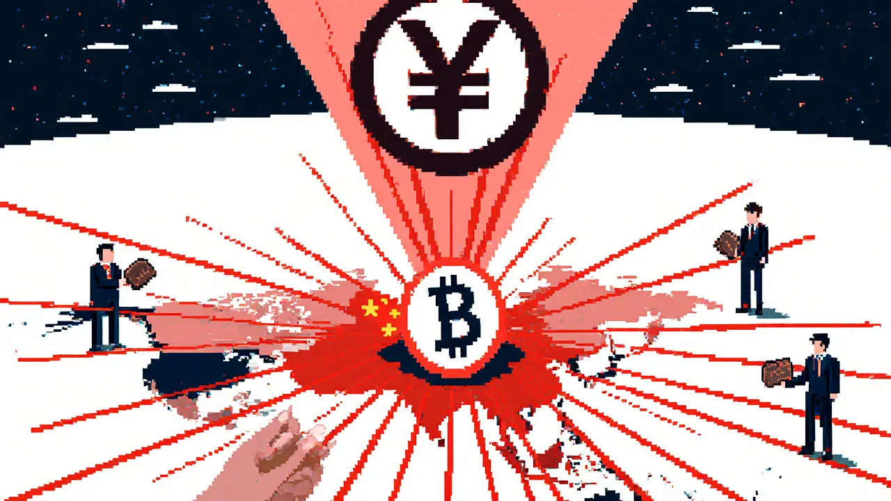 Global map with red seizure lines leading to digital yuan vortex from China