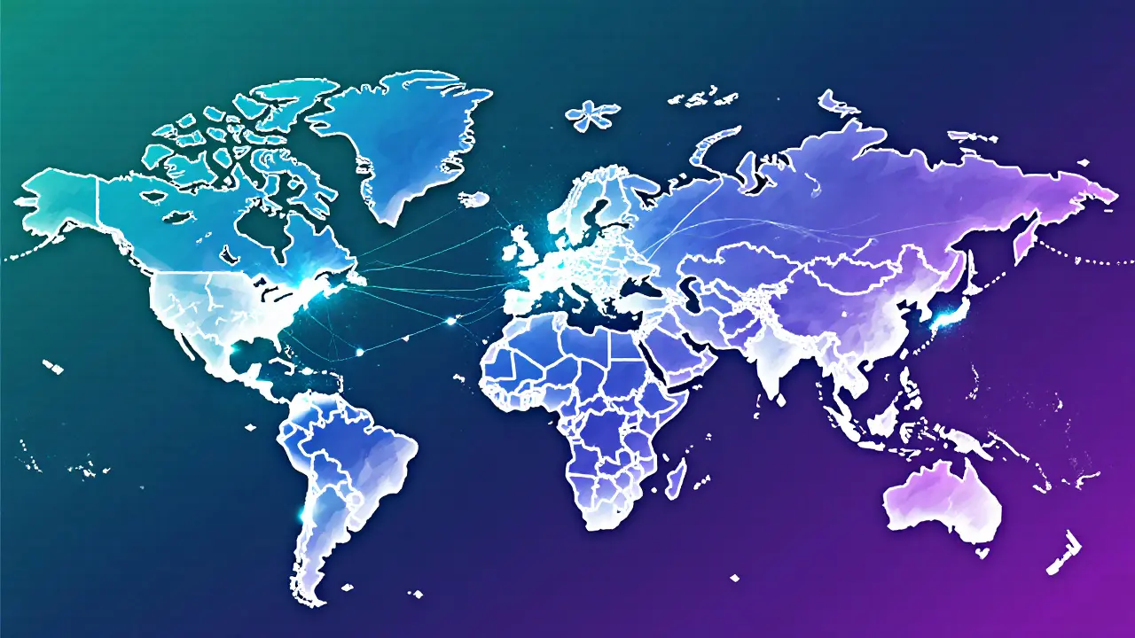 Global network of crypto nodes connecting sanctioned cities with glowing blockchain paths.