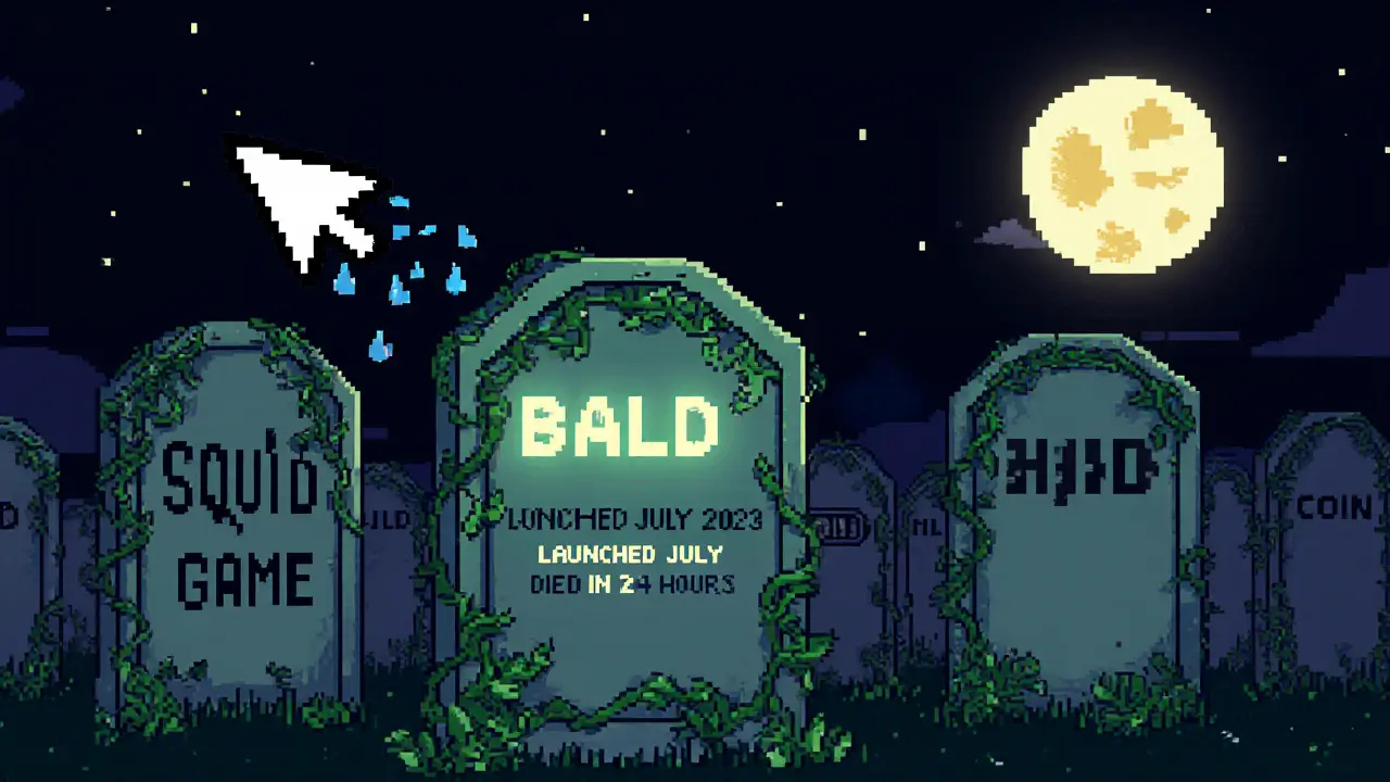Graveyard of failed meme coins with a tombstone for BALD and a pixelated trader shedding a tear.