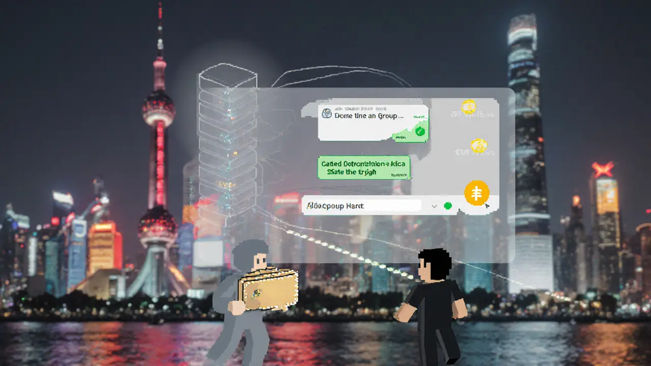 Hidden WeChat chat transferring USDT and yuan, with pixelated proxy networks connecting traders in a Chinese city at night.