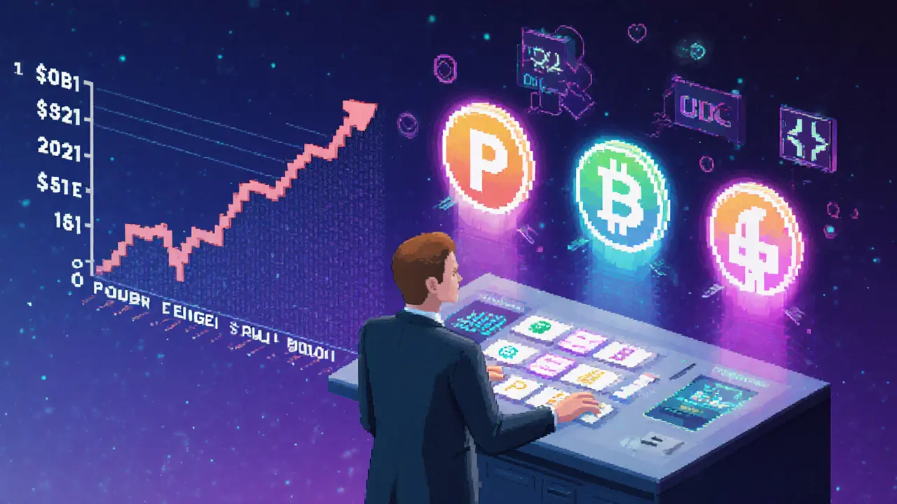 Investor at a control panel with four glowing blockchain tokens and a market growth timeline in pixel art style.