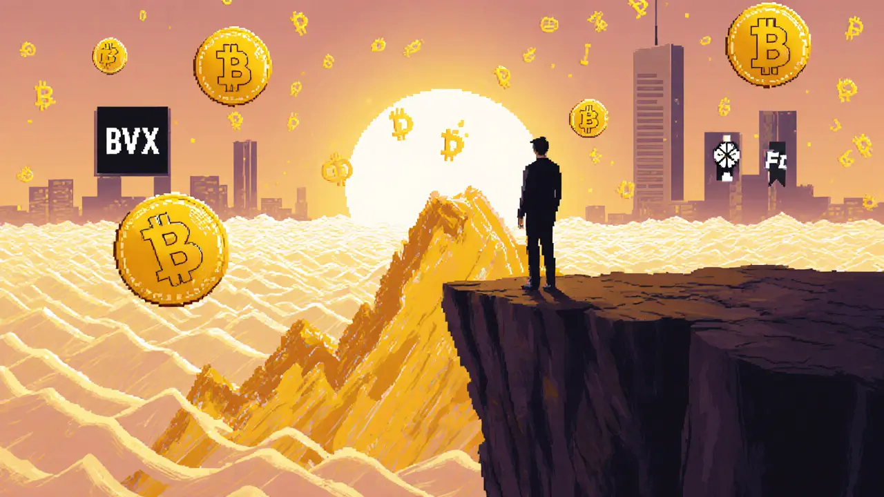 Investor on cliff overlooking rising Bitcoin waves, surrounded by floating option symbols under a glowing BVX sun.