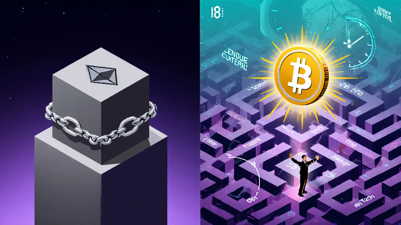 Locked ETH vs liquid stETH in DeFi, pixel art comparison with queue timer in background