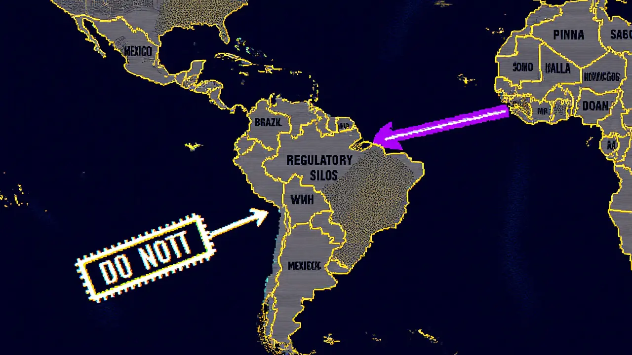 Map of Latin America showing Mexico blocked from cross-border crypto flows by regulatory walls.