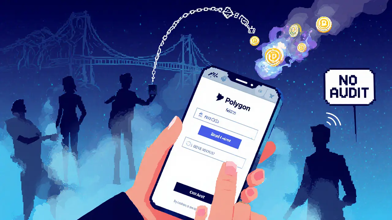 Mobile browser view of a cross-chain swap with failed bridges fading away and tokens flowing cleanly between chains.