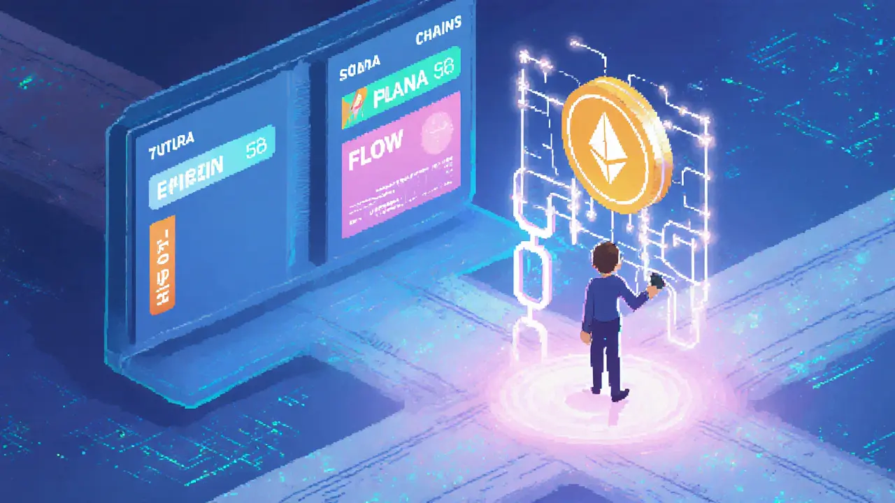 NFT wallet with Ethereum, Solana, and Flow chains connected by ERC-6551 composable chains