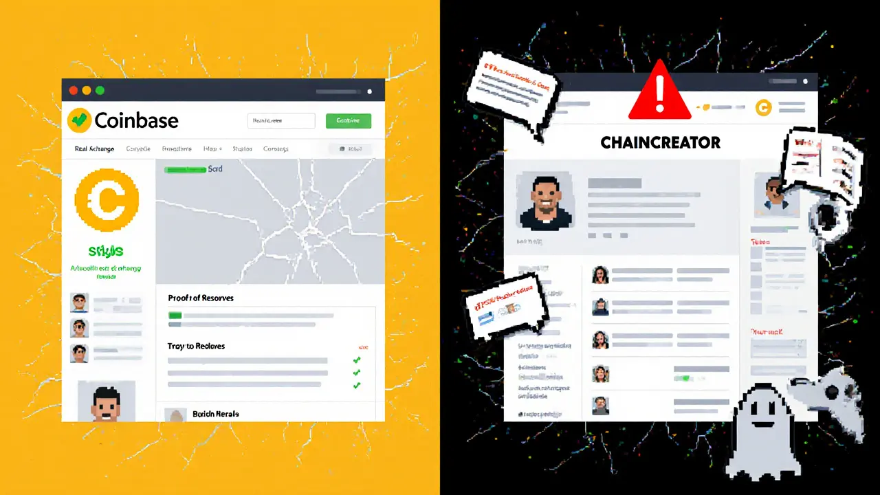 Pixel art comparing a legitimate crypto exchange with a hollow, glitching fake site labeled CHAINCREATOR.