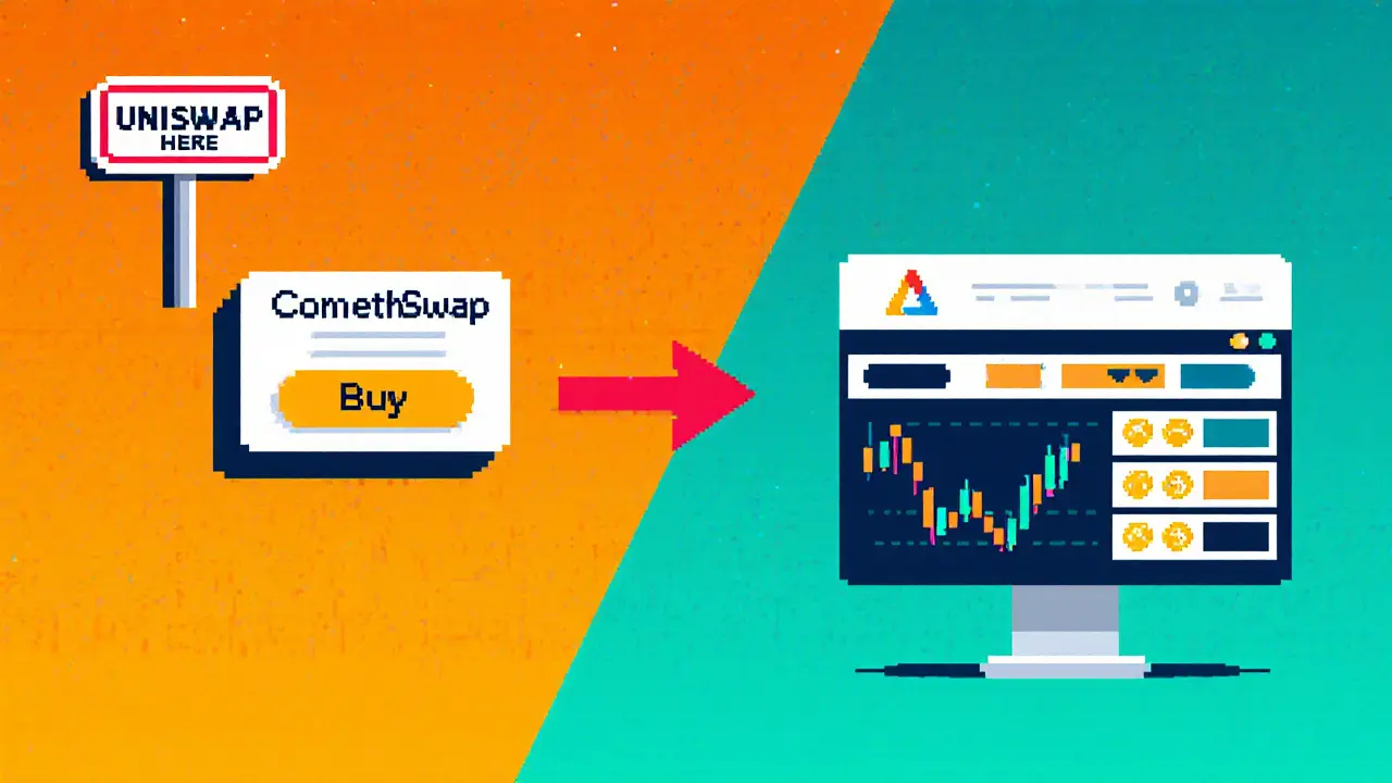 Pixel art comparing barebones ComethSwap interface to feature-rich Uniswap side by side.