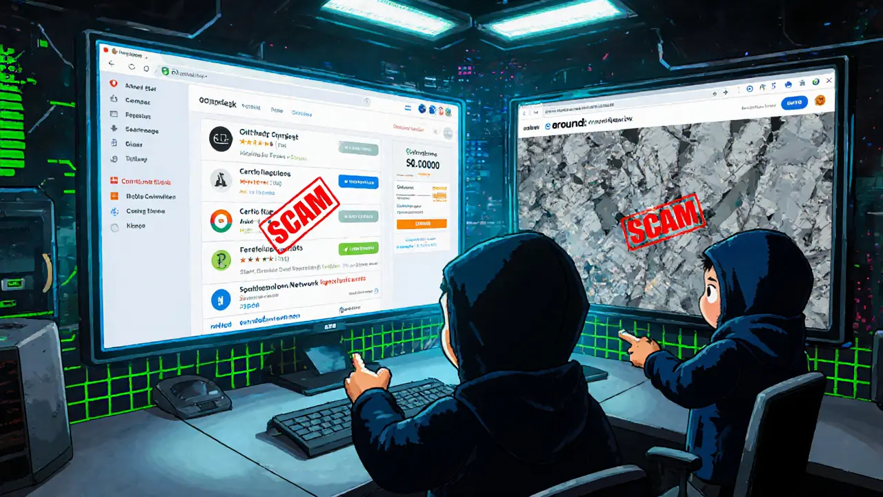 Pixel art comparing verified project dashboards against a crumbling scam site in a digital control room.