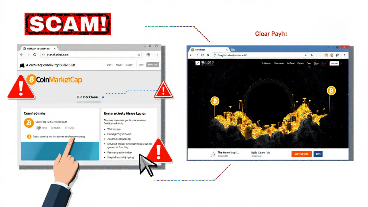 Pixel art contrasting a fake CoinMarketCap scam site with a real Bull BTC Club platform interface.