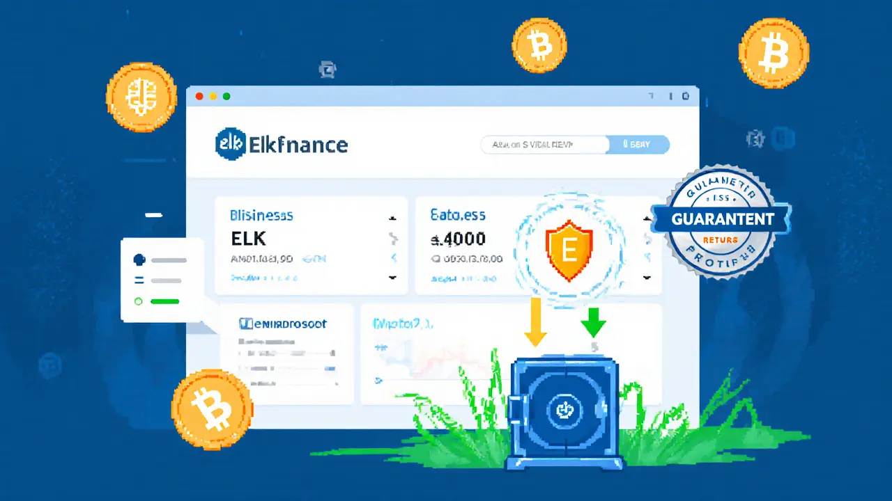 Pixel art dashboard showing a protected liquidity pool with ELK/USDT and a glowing guarantee shield.