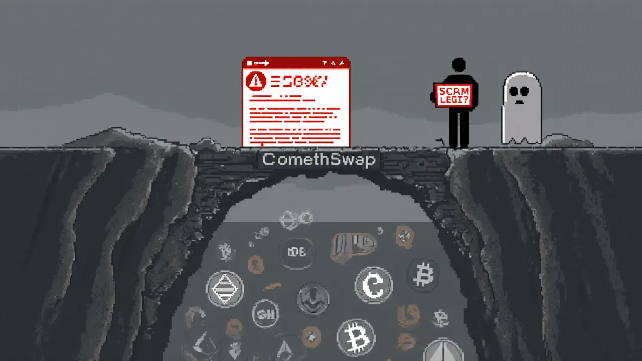 Pixel art of a crumbling bridge with only two tokens left, user hesitating near a &#039;SCAM OR LEGIT?&#039; forum.