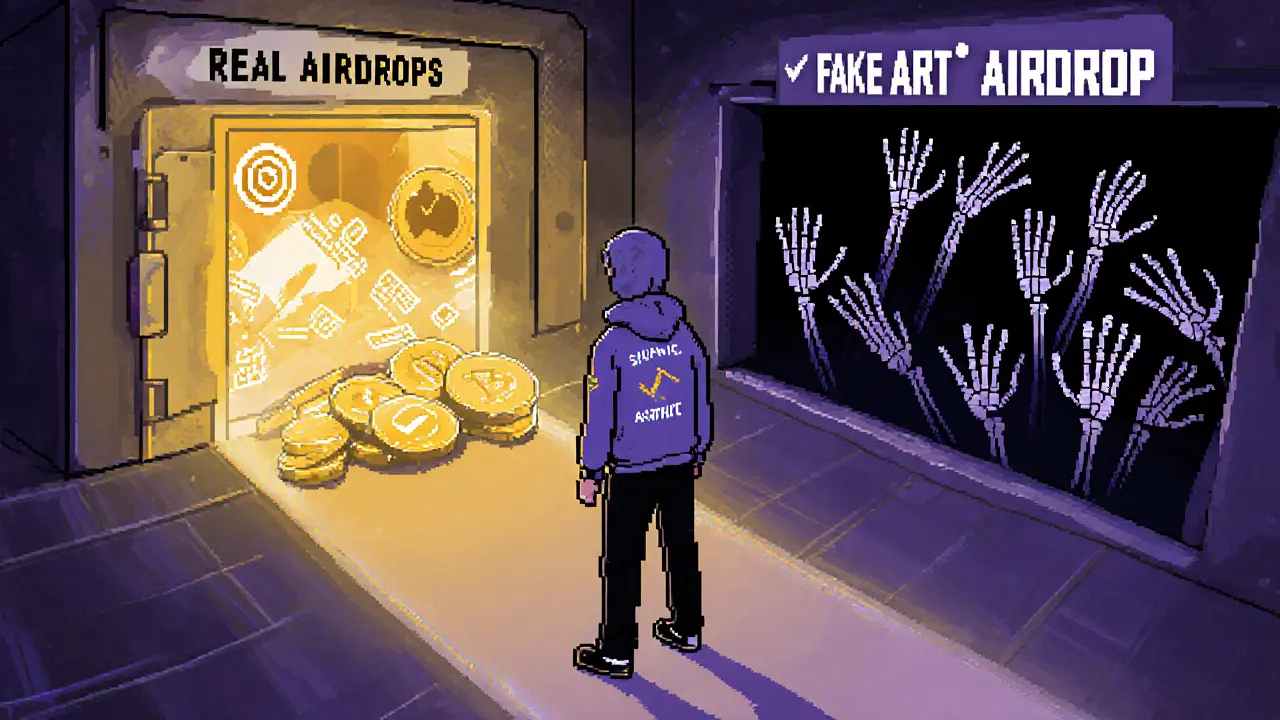 Pixel art of a wallet fork path: one leading to real airdrops, the other to a dark scam pit.
