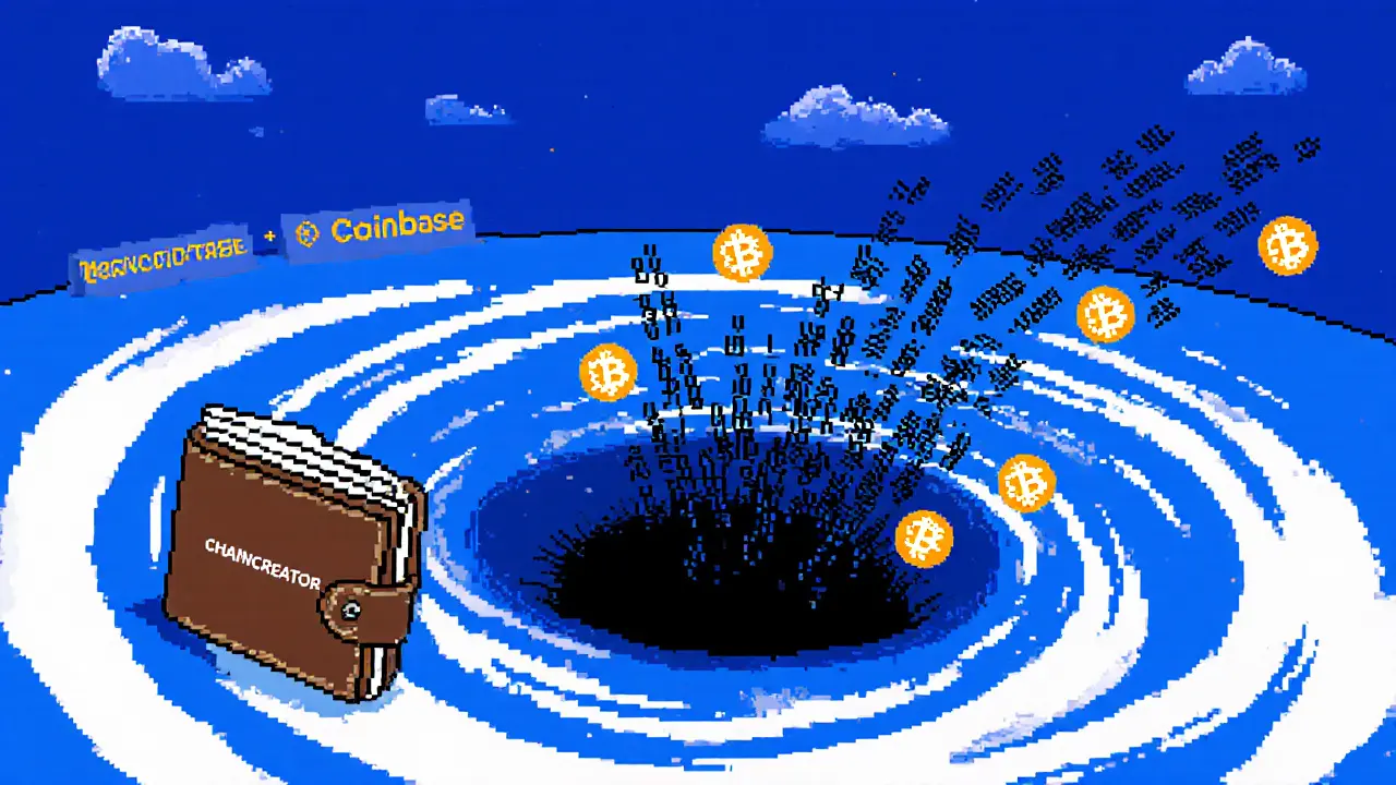 Pixel art of crypto tokens vanishing into a black hole while trusted exchanges glow safely in the distance.