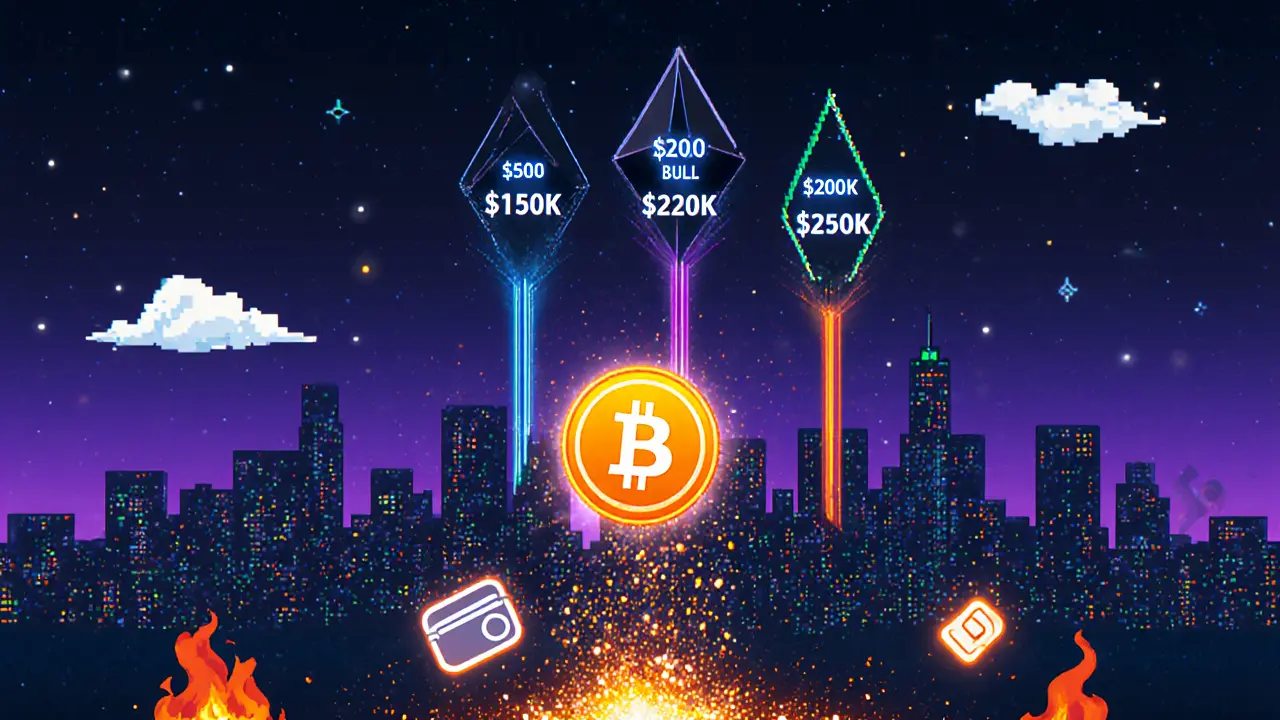 Pixel art of Ethereum skyline with Bitcoin price milestones and $BTCBULL token showering airdrop sparks.