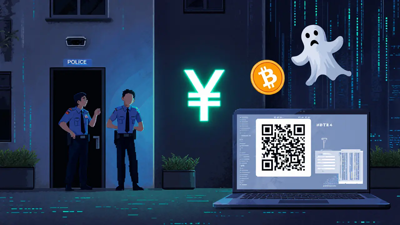 Police outside a home while a trader deletes crypto files, a digital yuan logo glowing on the wall behind them.