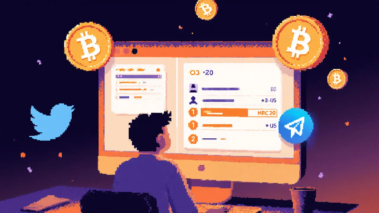 Retro pixel scene of a user completing an O3 Swap transaction in 2021 with Twitter, Telegram, and HRC-20 token icons nearby.