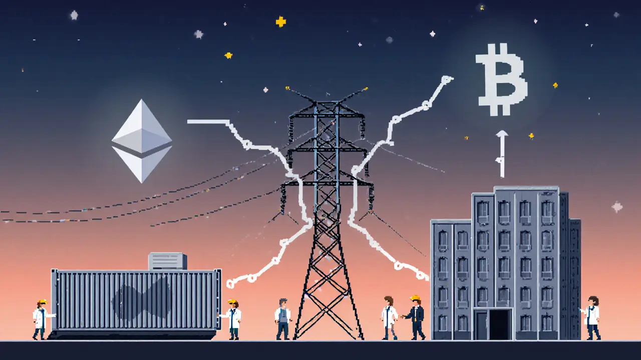 Shipping container transforming into healthcare, energy, and real estate scenes, linked by a blockchain chain in pixel art.