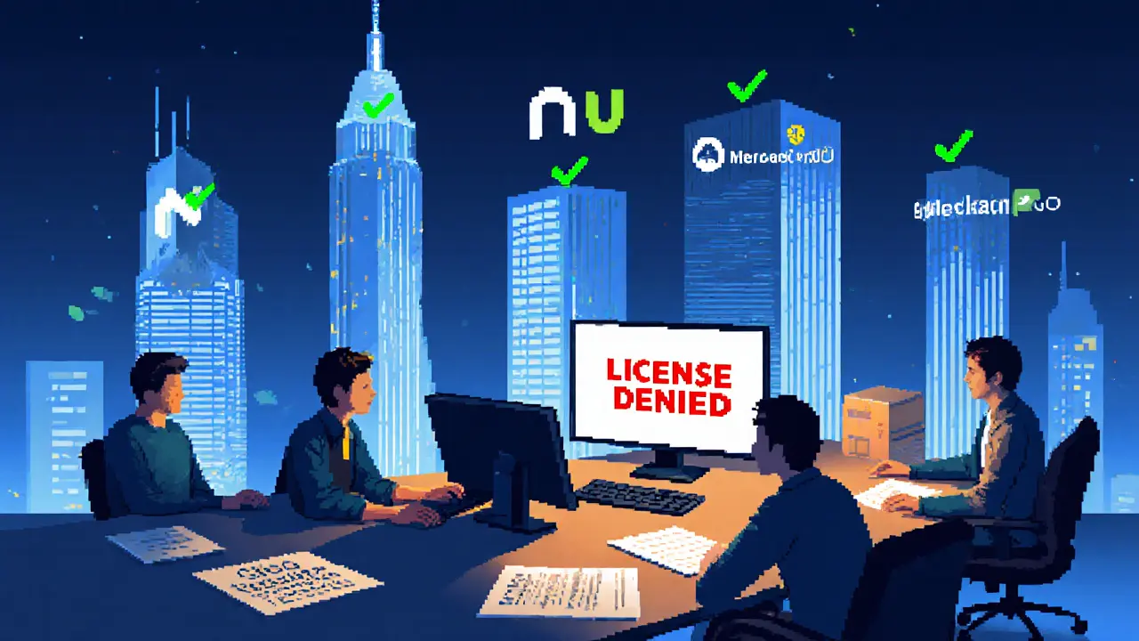 Small startup team facing a denied license on screen while big fintechs loom in background.