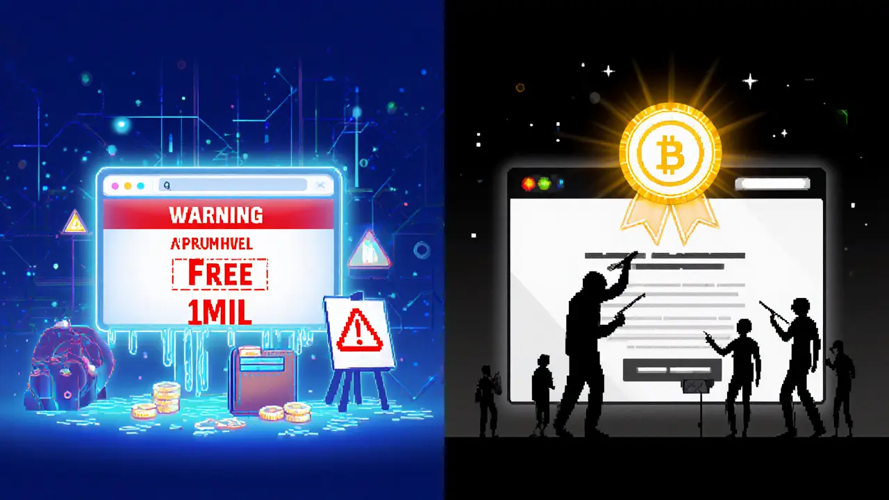 Split screen: fraudulent scam site draining wallet vs. official 1MlnNFTs.com with users painting peacefully.