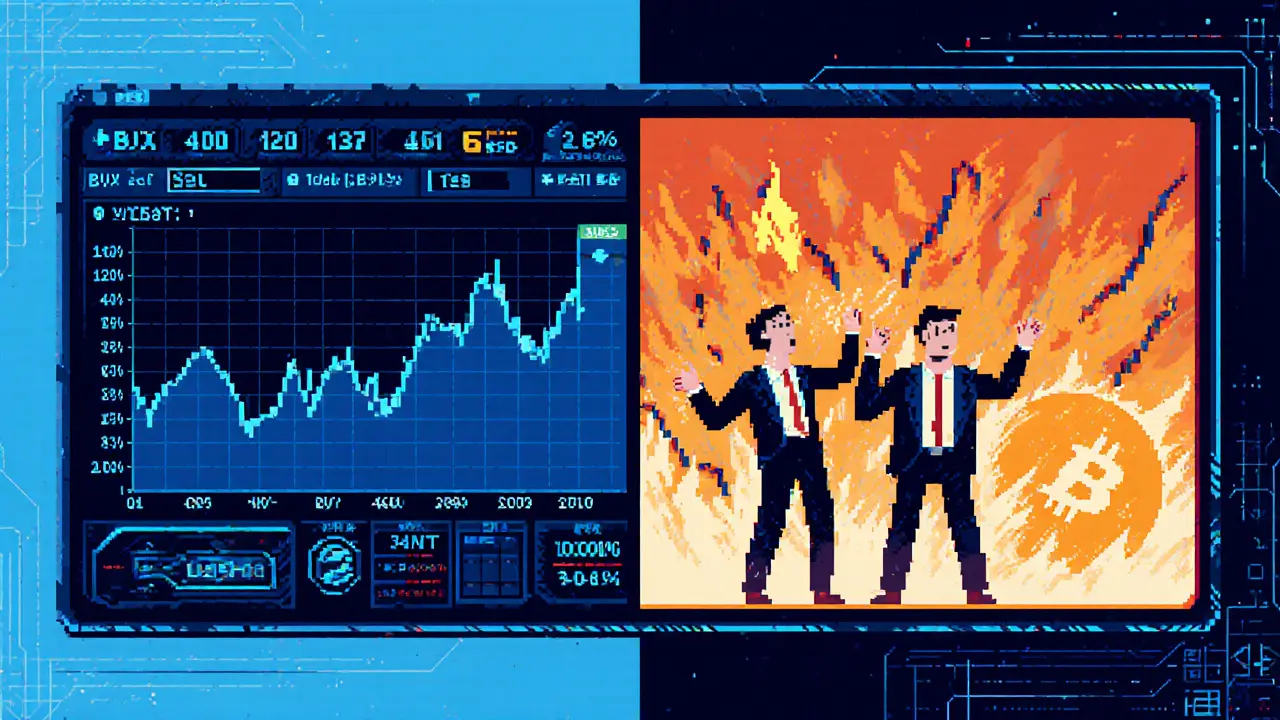 Split-screen pixel art: calm Bitcoin market vs chaotic high-volatility scene with reacting traders.