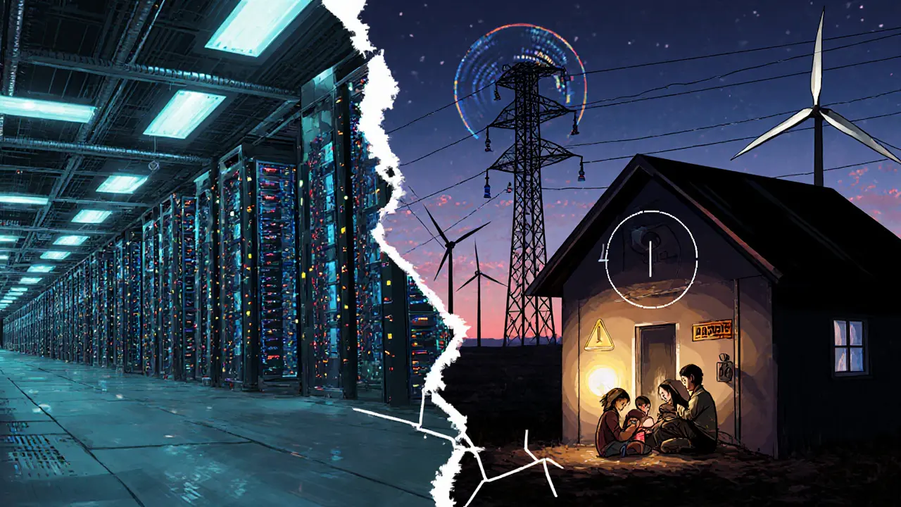 Split-screen pixel art: crypto miners consuming power vs. a family in a dark home with a spinning electricity meter.