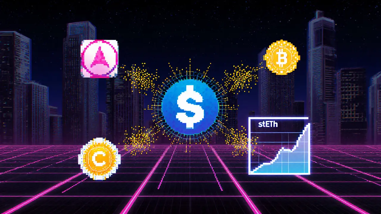 stETH tokens flowing through Aave, Curve, and Yearn with reward particles, pixel art style