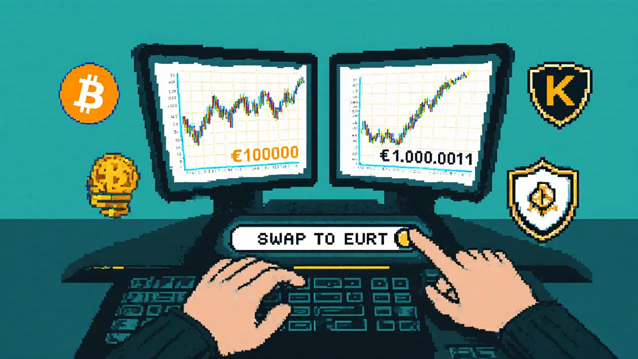 Trader swapping volatile Bitcoin for stable EURt on a futuristic crypto terminal