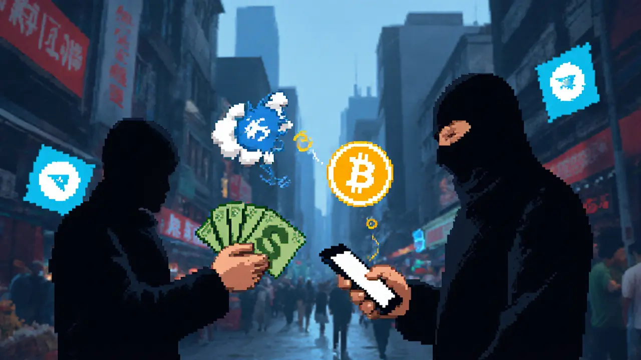 Two people trading crypto in a market, cash exchanged for digital wallet confirmation.