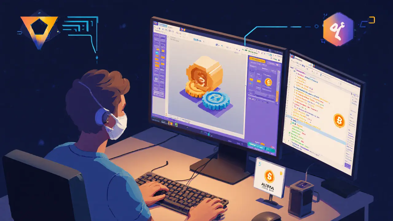 User creating pixel NFTs with VoxEdit and Game Maker, earning SAND tokens on screen.