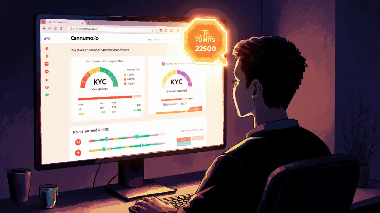 User interacting with Cannumo&#039;s testnet dashboard showing earned points on a computer screen.