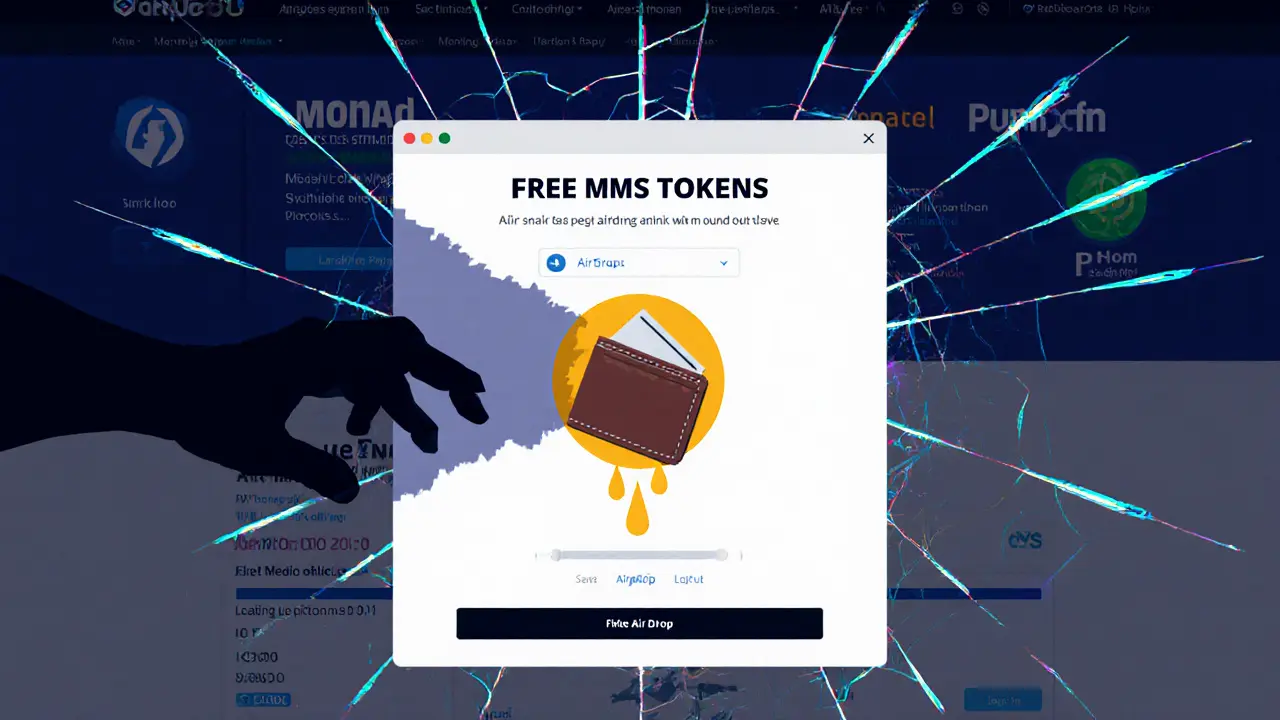 Wallet being drained by a scam airdrop popup while real airdrops glow nearby
