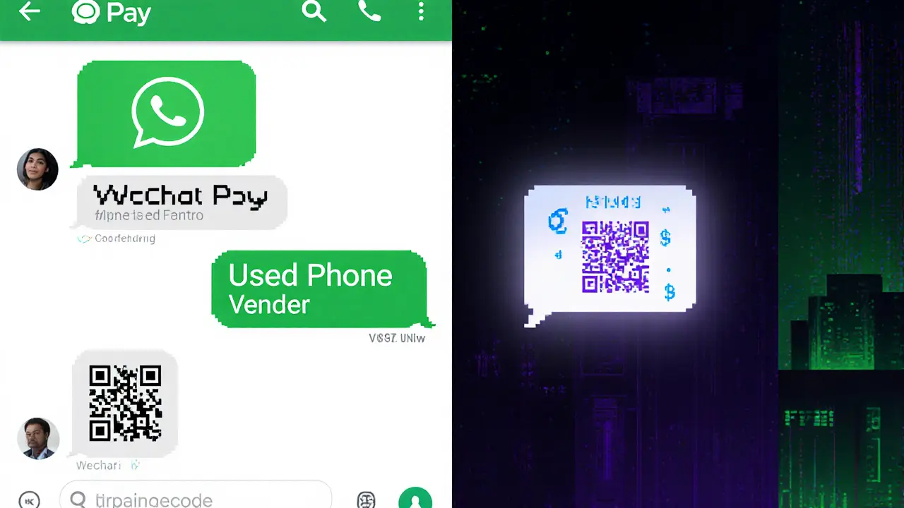 WeChat chat with a hidden QR code and payment transfer disguised as a phone sale.