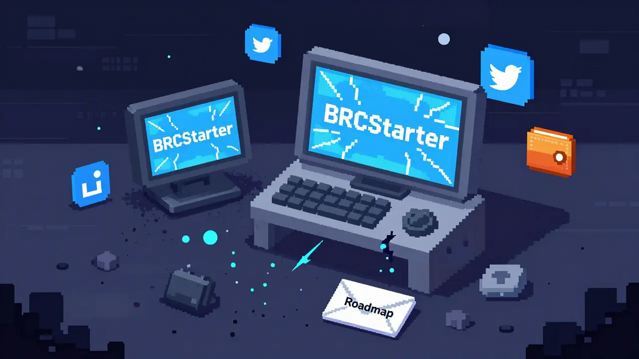 A broken launchpad console lies abandoned with dead social media icons and an unopened roadmap.