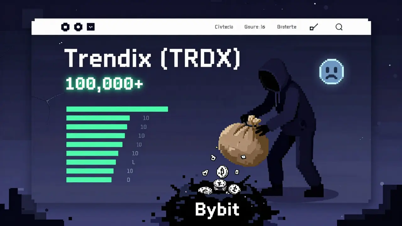 A broken Trendix website banner with fake users and a shadowy figure dumping tokens into a black hole.