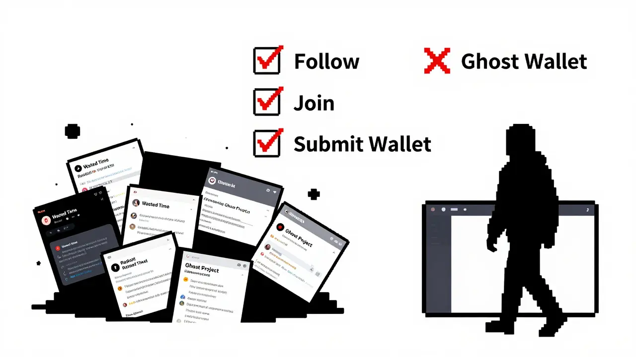 A checklist with red X's over airdrop tasks, above discarded screenshots labeled 'Wasted Time'.