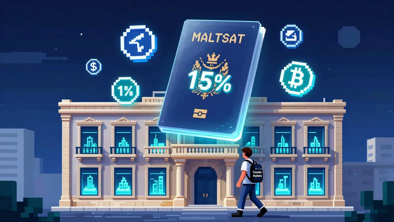 A crypto investor entering a Malta building with floating tokens and a 15% tax rate emblem above.