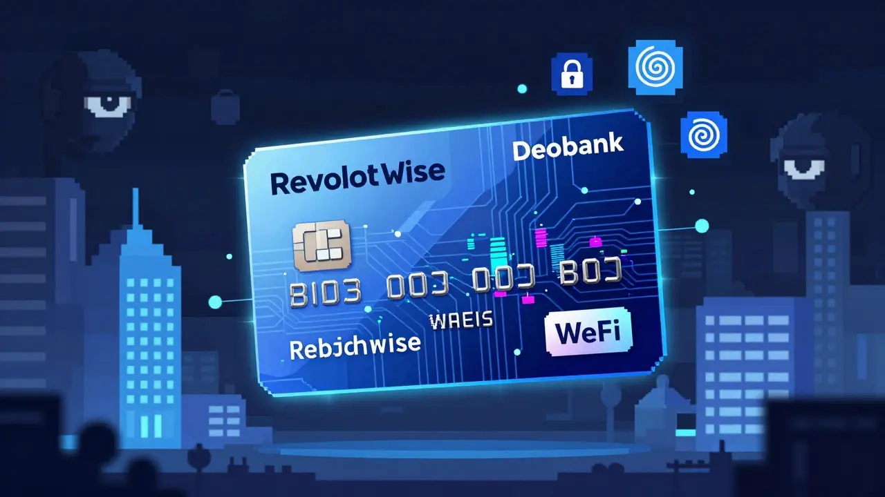 A futuristic crypto debit card hovering between traditional fintech and decentralized finance in pixel art.