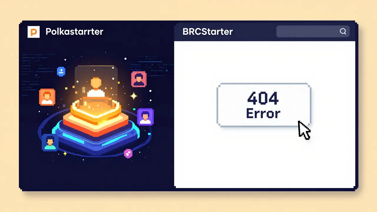 A pixel-art comparison: active Polkastarter vs. empty BRCStarter dashboard with a 404 error.